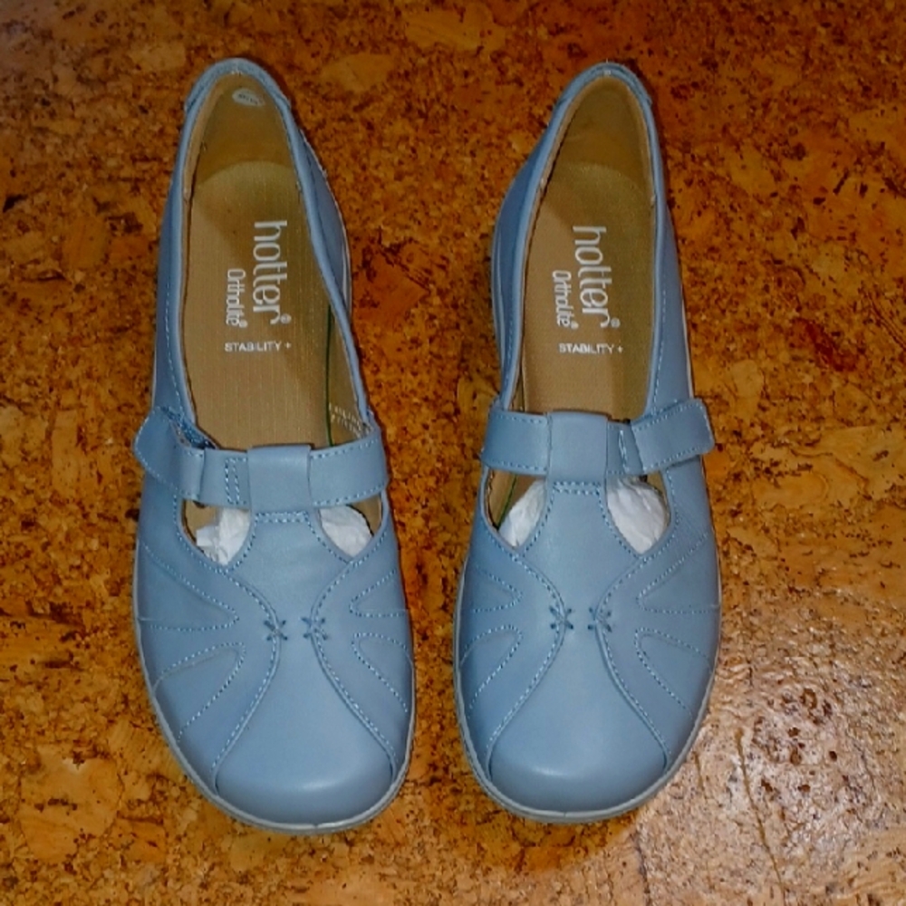 Hotter Light Blue Ortholite Stability T Strap Women's Leather Shoes Size 9 NEW
